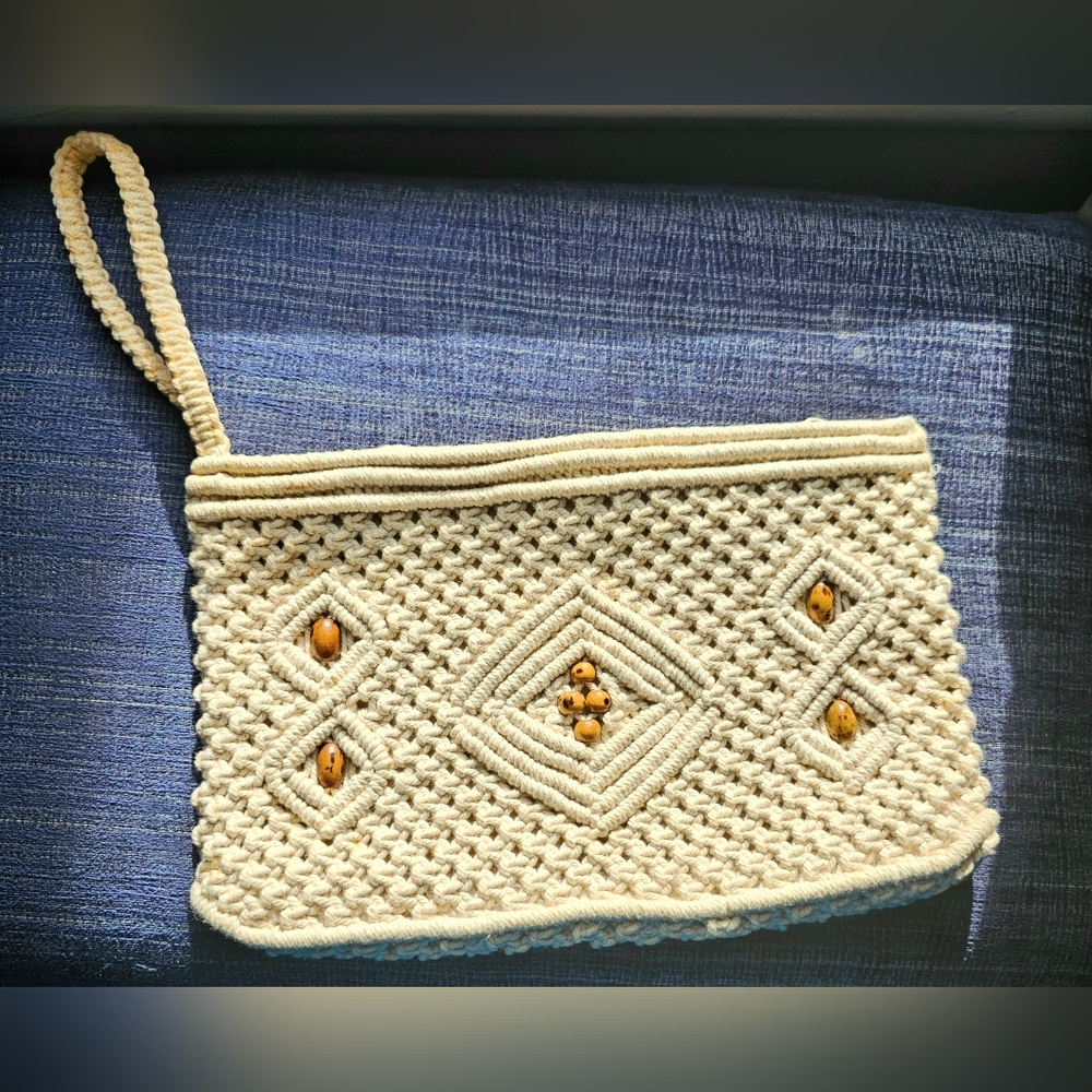The People's Republic China Vintage Cream Macramé Wood Beads Wristlet Purse 70s